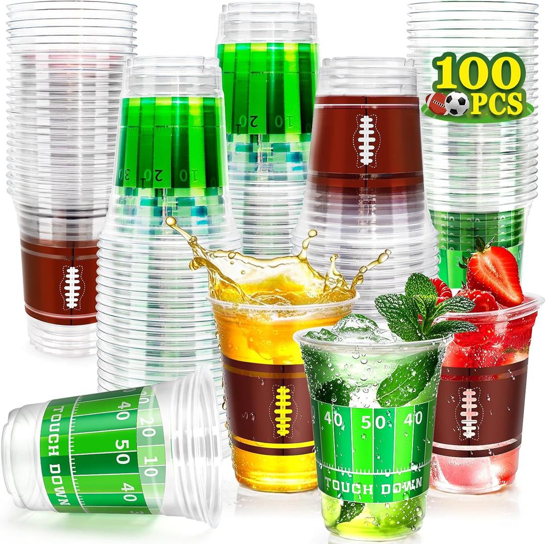 100 Pcs 16oz Football Plastic Cup Bulk, Superbowl Decorations 2025, Football Party Supplies Tableware Drink Cup for Birthday Party Decoration Events Family Dinner