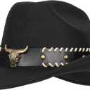 Western-Cowboy-Hats for Women Men - Classic Wide Brim Felt Fedora Unisex Upturn Bull Head Cowgirl Caps with Buckle Belt (Black)