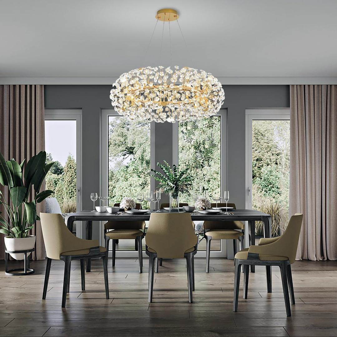 8-Light Dandelion Gold Chandelier for Dining Room, Sputnik Pendant Light Fixture with Remote Control, 24 inches Modern Crystal Chandelier Living Room, Kitchen, Restaurant