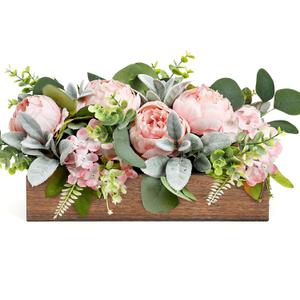 Pink Flower Centerpieces for Table, Pre-Made Artificial Peony Hydrangea Centerpieces for Dining Table Wood Fake Flowers Decorations for Wedding Living Room Office Bar Kitchen Table