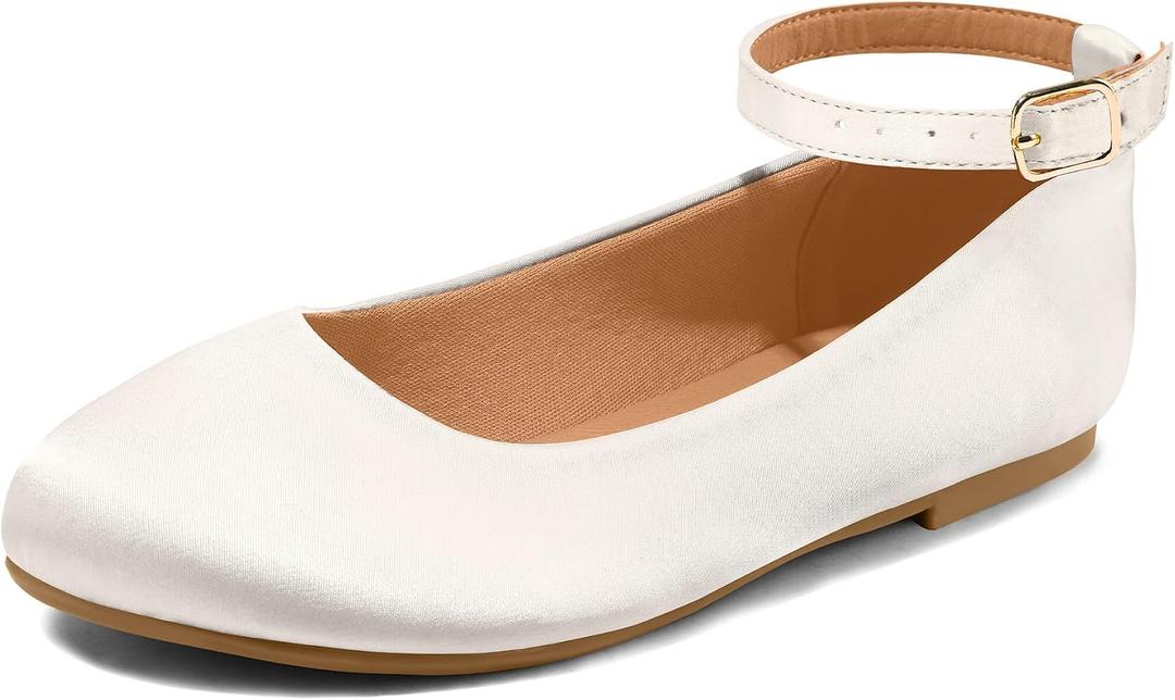K KomForme Girl's Ballerina Flat Ankle Strap Dress Ballet Flat Shoes, 1 Big Kid, White/Satin