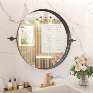 LYYYXGYP Black Round Mirror 24 Inch Pivot Circle Metal Framed Farmhouse Bathroom Mirror Tilting Beveled Vanity Mirrors for Wall