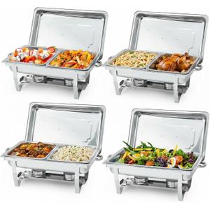 8 Qt Chafing Dishes for Buffet, 4 Pack Stainless Steel Foldable Chafers and Food Warmers Set with 6 Food Pans (Full & Half Size), Rectangle Catering Food Warmer Buffet Set for Parties, Wedding, Silver