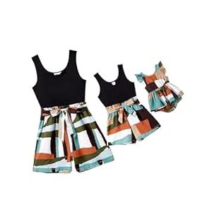 PATPAT Mom and Daughter Matching Jumpsuits - Black Tank Top with Floral Wide-Leg Shorts (Large, 12-18 Months),