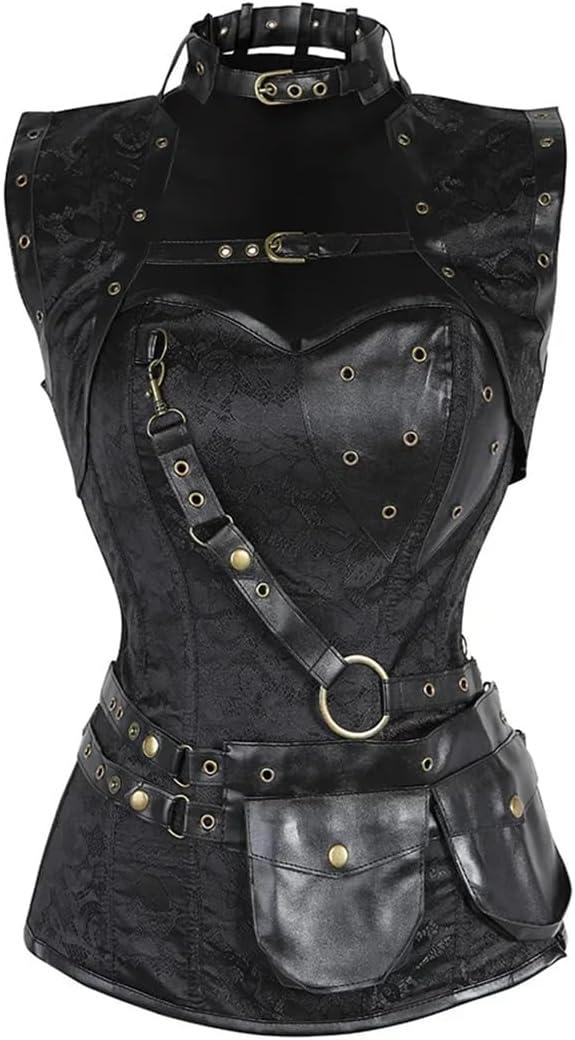 Women Steampunk Pirate Corset Gothic Leather Bustier With Jacket Belt Victorian Corset Halloween Costume (5X-Large, 2081-black)