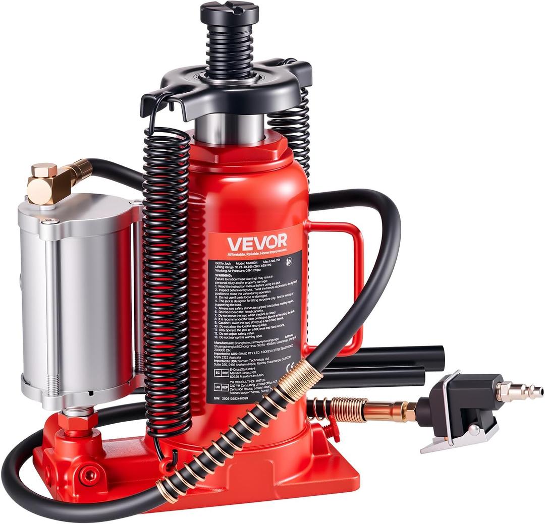 VEVOR Air Hydraulic Bottle Jack, 20 Ton (44092 lbs) Capacity, 10.2-19.5 Inch Lifting Range, Pneumatic/Manual Heavy Duty Welded Bottle Jack with Pump for Car, SUV, Pickup, Truck, RV, Auto Repair