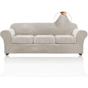PrinceDeco PriceDeco Velvet XL Couch Cover for Oversized Sofa 4 Piece Sofa Covers for 3 Cushion Couch Washable Furniture Protector with Non Slip Elastic Bottom Width Up to 97 Inch (X-Large, Oatmeal)
