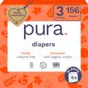 Pura Hypoallergenic Diapers, Size 3 (9-20 lbs) Monthly Pack, Overnight, up to 12 Hours Leak Protection, Suitable for Sensitive Skin, TCF, Super Soft Organic Cotton, 6 Packs of 26 (156 Baby Diapers)