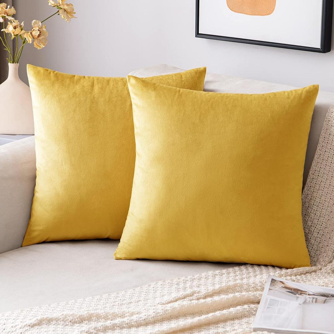 EMEMA Fall Lemon Yellow Velvet Throw Pillow Covers 20x20 Inch Set of 2 Decorative Square Pillowcase Soft Solid Cushion Case for Couch Sofa Bedroom Livingroom