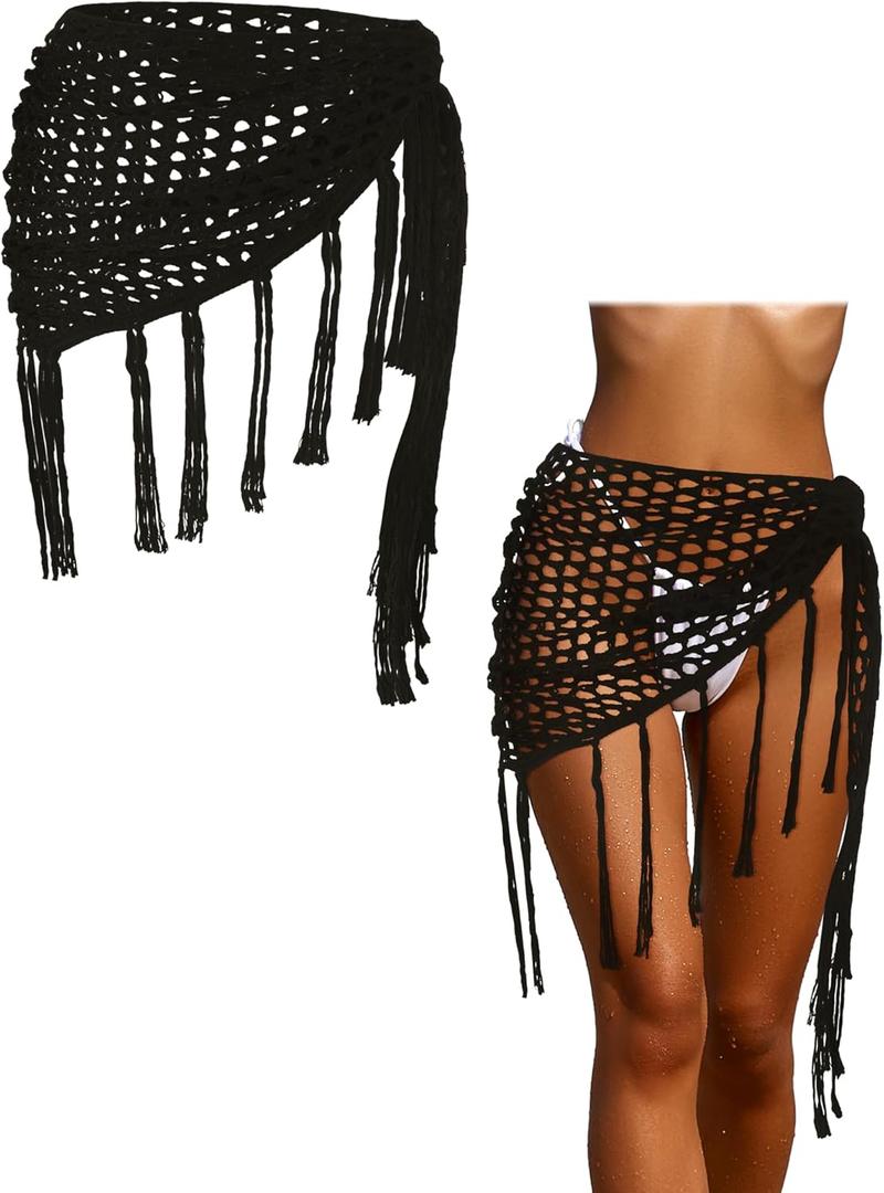 Geyoga Halloween Mermaid Cosplay Skirt Women Crochet Cover up Skirt Swimwear Tassel Beach Grid Knitted Wrap (Black)