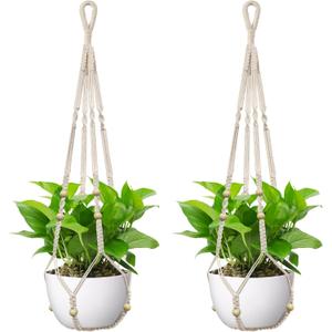 USLAI Macrame Plant Hanger Indoor Outdoor, Fits 4 to 15 Inch Pots, Strong Hanging Planter Holder, Boho Home Decor, 35 Inch, Ivory, Set of 2 (POTS NOT Included)