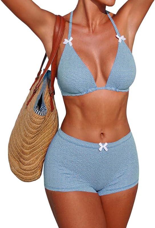 ZAFUL Women's Gingham Bikini Shorts Set, Halter Y2K Boyshort Bikini Two Piece Bathing Suit Shorts Swimsuits for Vacation (Large, Blue Plaid)