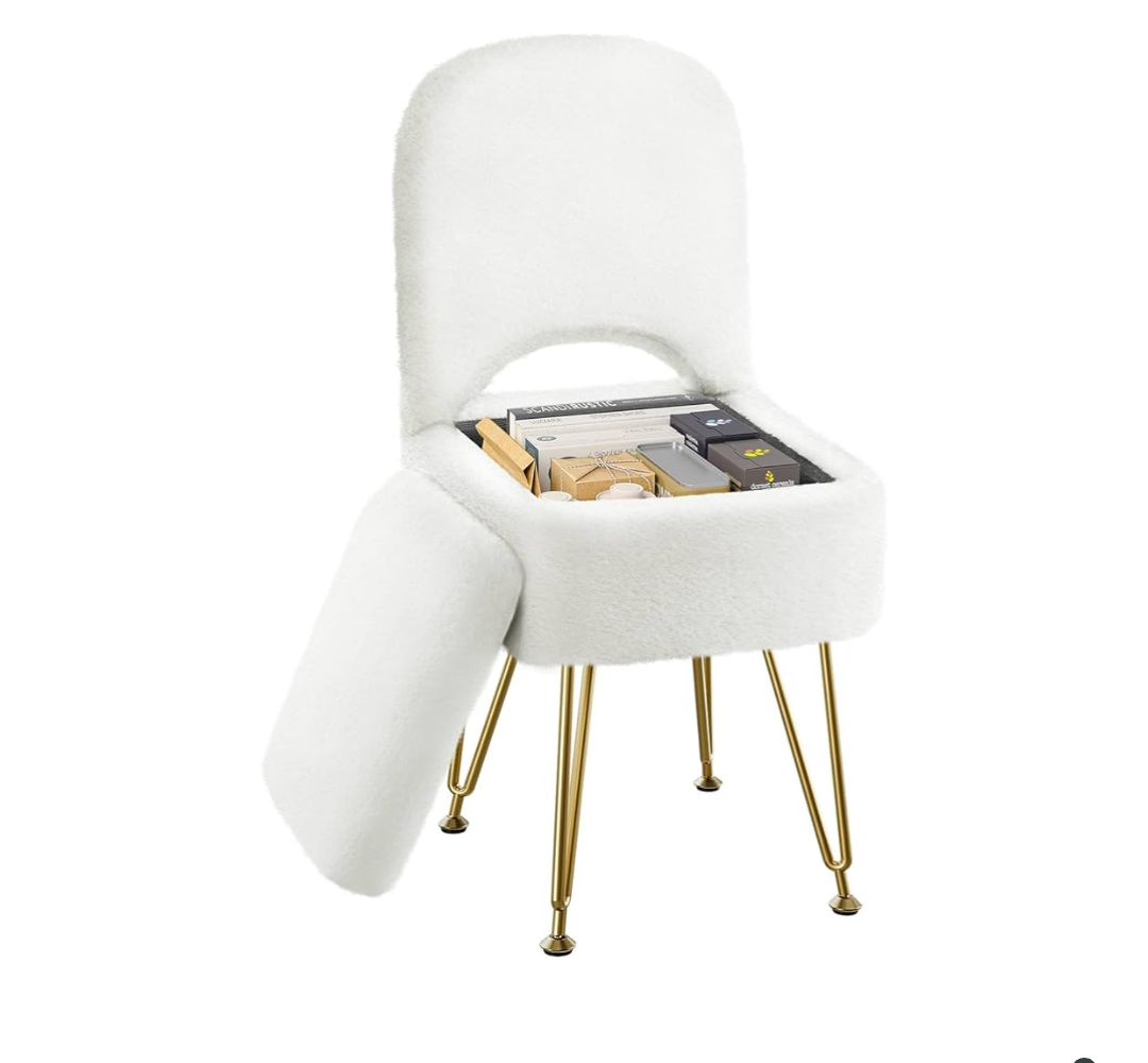 GREENSTELL Small Vanity Stool Chair with Storage and Folding Back, 13.4" x 15" x 30" Square Faux Fur Soft Ottoman, 4 Metal Legs with AntiSlip Feet, Furry Padded Seat for Makeup, Bedroom, White