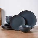 Famiware Venus Plates and Bowls Sets, 12 Pieces Stoneware Speckled Dishes Dinnerware Set for 4, Matte Charcoal - Microwave & Dishwasher Safe, Modern Minimalist, for Everyday Meals & Formal Dining