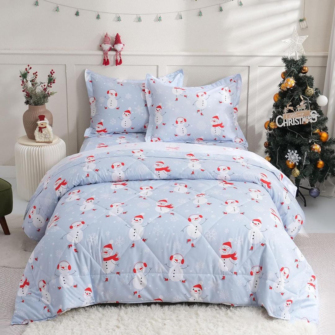 JSD Blue Snowman Kids Comforter Set Twin Size, 2 PC Christmas Winter Printed Microfiber Bedding Set