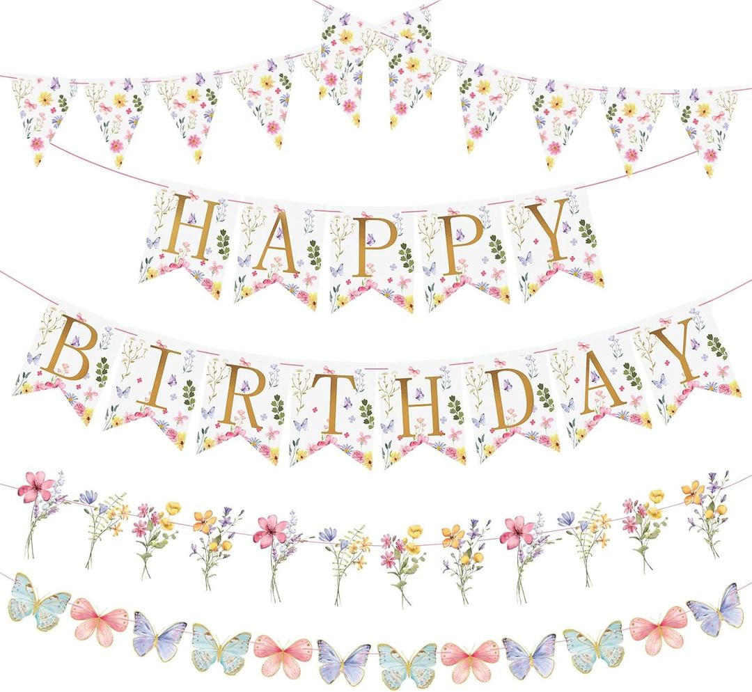 Pre-strung Flower Happy Birthday Banner, Floral Party Decorations, Women Birthday Decorations Wildflower, Wild One Flower Party Decor Girl (Pink Purple)