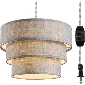 Plug in Pendant Light, Hanging Lamp with Dimmable Switch, Hanging Light Fixtures with 15 Ft Cord, Swag Light with Grey Fabric Shade for Bedroom, Kitchen, Living Room, Dining Table (Gray)