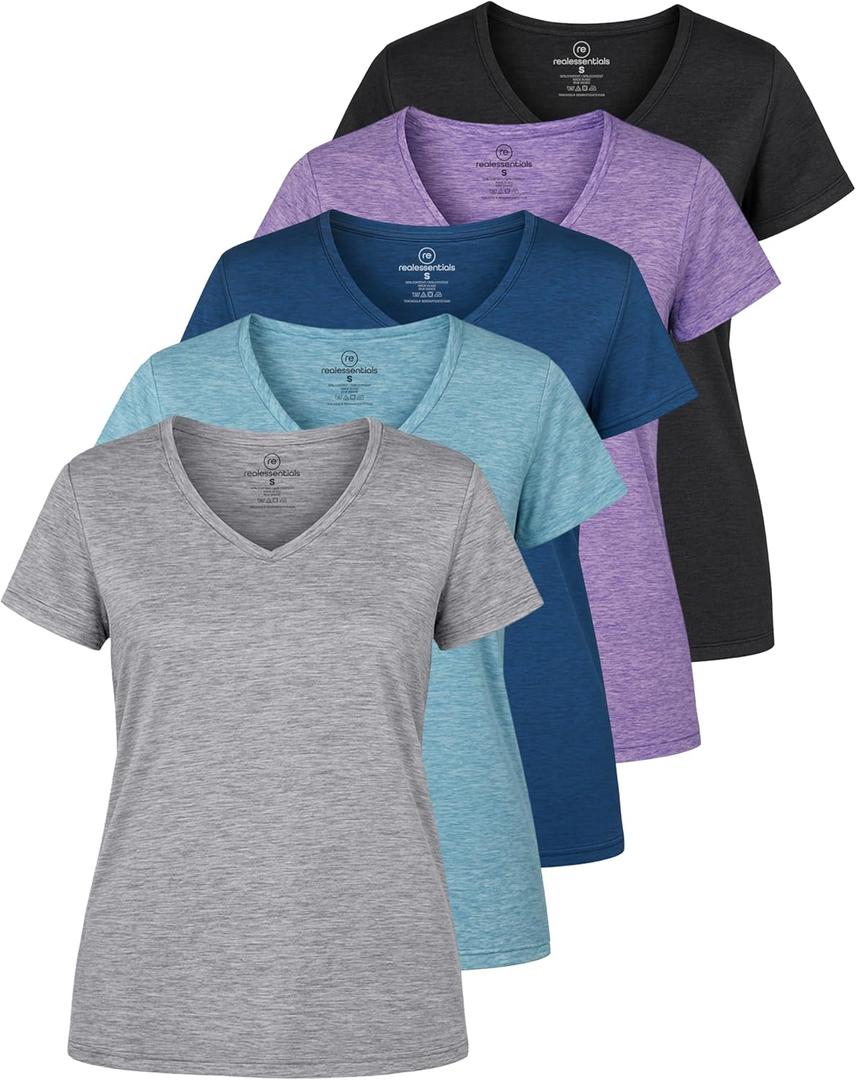 Real Essentials 5 Pack: Women's Dry-Fit Short Sleeve V Neck T Shirt Workout Fitness Yoga Top Tee, Medium