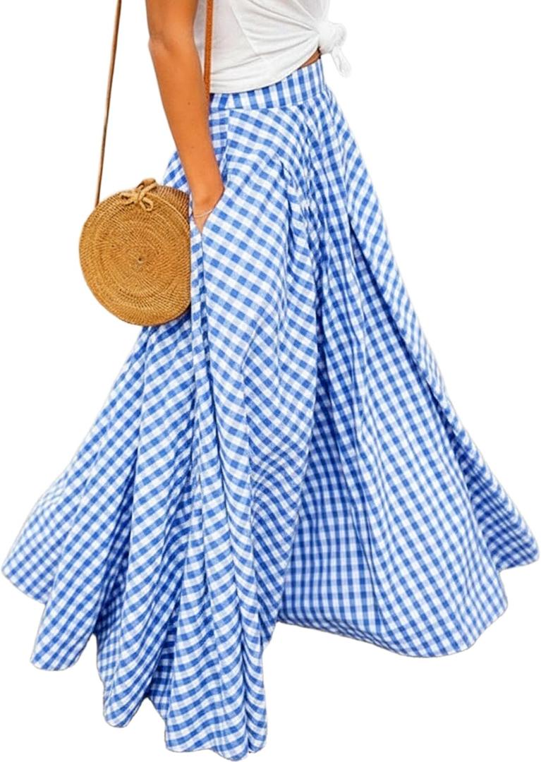 Women's Gingham Plaid Maxi Skirt High Waist A-Line Pleated Summer Skirt | Classic Vintage Swing Flared Long Skirt Soft Breathable Lightweight Comfy Casual Wear For Daily Outings Beach and Vacation (Blue, M)