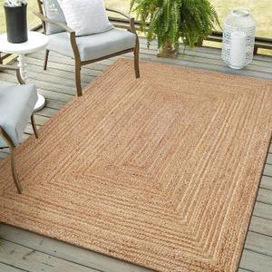 Hand Woven Farmhouse Jute Area Rug 6x9 Ft Rectuangle Natural Yarn, Rustic Vintage Beige Braided Reversible Rug, Eco Friendly Rugs for Bedroom, Kitchen, Living Room, Farmhouse 100% Jute Rug - Natural
