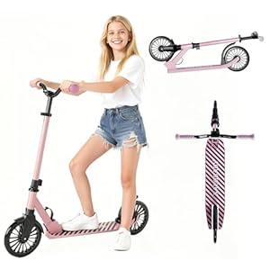 Scooter for Kids, Lightweight Foldable Kick Scooter, 4-Level Adjustable Handlebar, 8-Inch Large Wheels with Shock Absorption, for Ages 6 and Up (Light Pink)