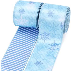LaRibbons Christmas Wired Ribbon 2.5 inch Double Faced Blue Snowflakes and Striped Christmas Ribbon for Tree Garland, Wreath Bow, Xmas Crafts Decorations, 2 Rolls 10 Yards Total