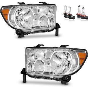 Headlights W/Bulbs for 2007-2013 Toyota Tundra, Fits 2008-2017 Sequoia (Fits 12-14 Sequoia Models WITHOUT Headlight Washer Only, NOT for models with leveling dial) (OE Replacement, Polished Chrome | With High & Low Beam Bulbs)