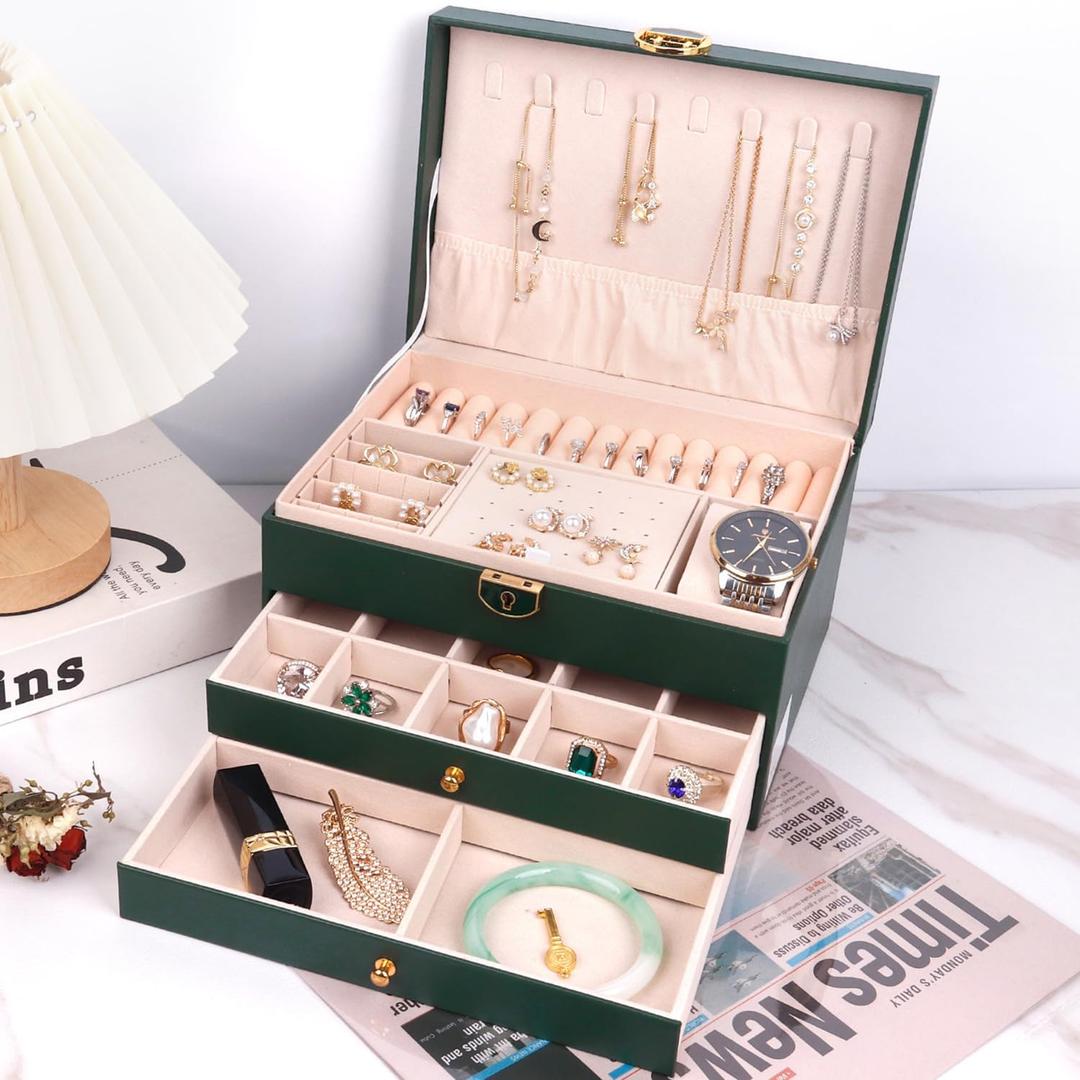 Jewelry Organizer Box PU Leather Double-Layer Pull-Out Drawer & Multiple Compartments - Premium Jewelry Storage for Necklaces, Rings, Bracelets - Nice Christmas Gift for Women, Men (Green)
