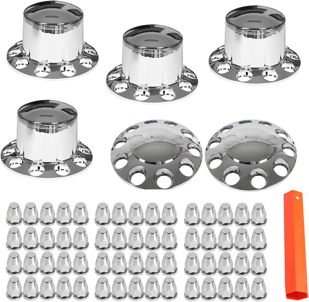 Chrome Front and Rear Hub Cover Wheel Axle Cover Center Caps Kit with 33mm Lug Nut Covers Replacement for 20 in & 22.5 in & 24.5 in Semi Truck Wheels