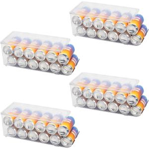 4 Pack Tall Skinny Can Organizer for Refrigerator, Stackable Beverage Cans of 16oz & 17oz Energy Drink Container Holder Dispenser with Lid for Fridge Rack Freezer, Clear Plastic Storage Bins (Transparent)