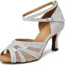 Rhinestones Ballroom Dance Shoes Women Latin Salsa Bachata Performance Dance Shoes Suede Sole (9, Silver-2.5inch Heels)