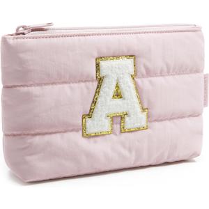 BAGSMART Personalized Makeup Bag with Initial, Pink Small Cosmetic Travel Organizer, Water-Resistant Pouch for Women & Teens for Bridesmaid Graduation (Initial-A, Small)
