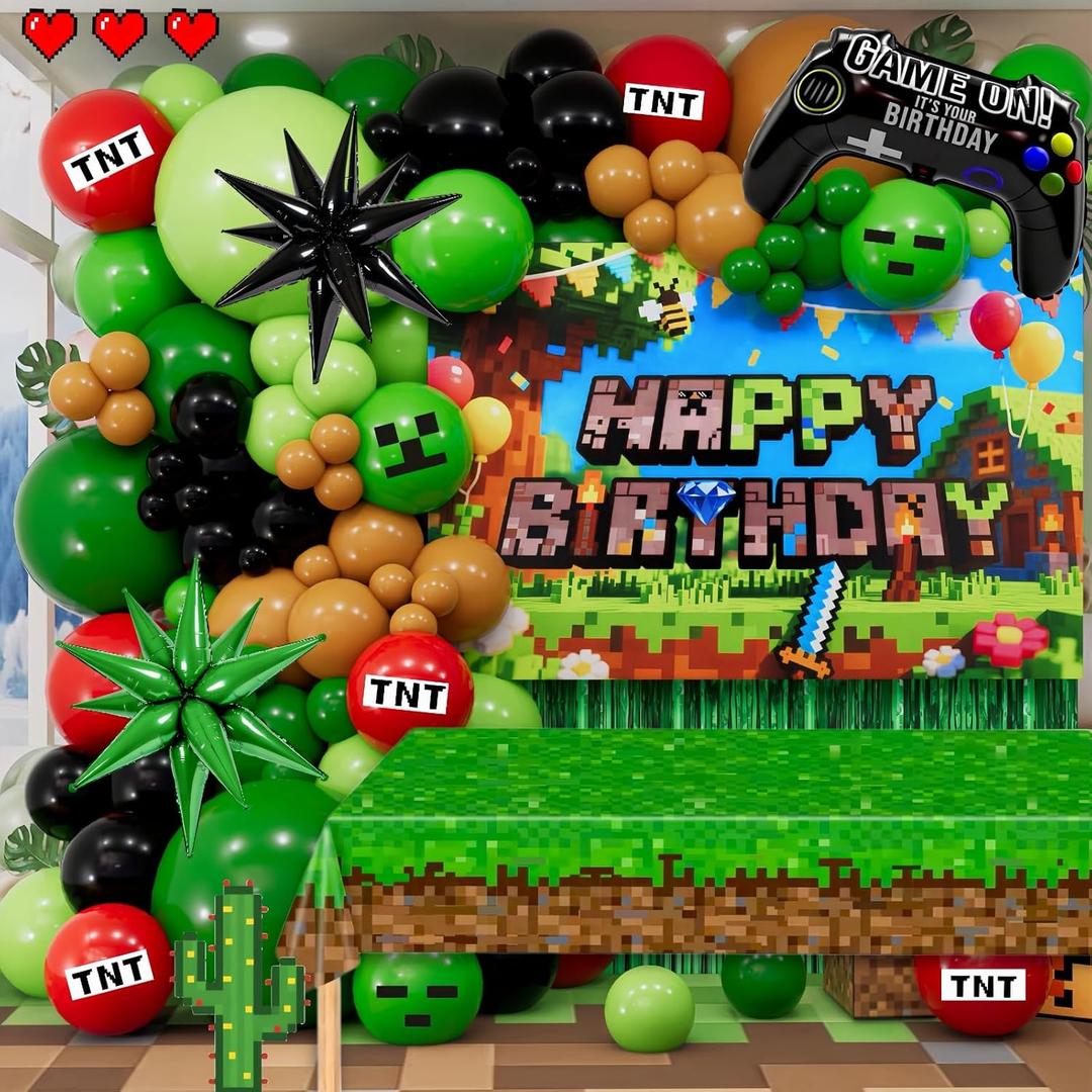 Pixel Gamer Birthday Decorations for Boys All in One Party Decor Kit with Authentic Biome Colors (Cocoa Brown, Jungle Green, Black) Includes TNT & Controller Foil Balloons, Backdrop, and Tablecloth