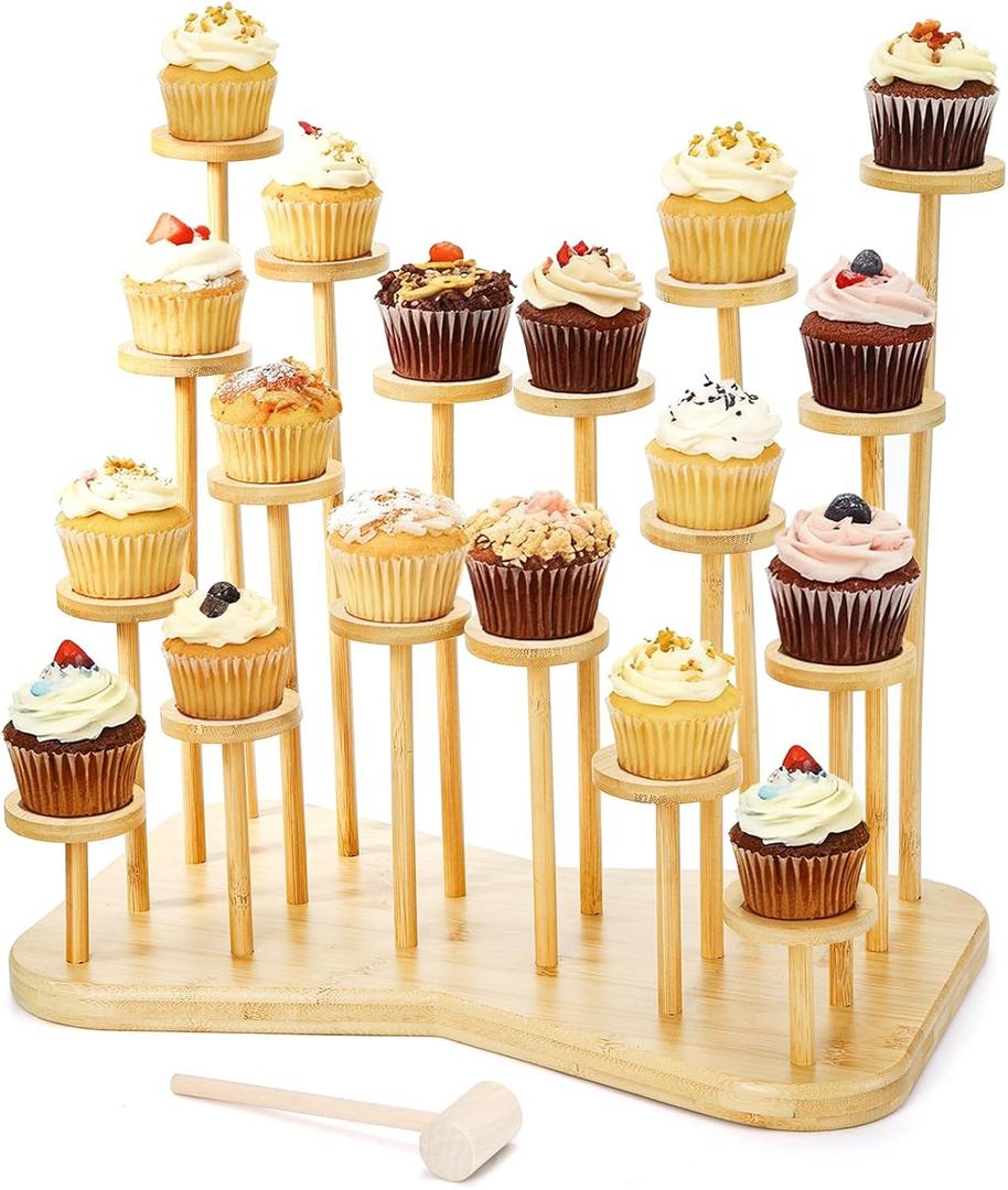 ZEAYEA Cupcake Stand for 18 Cupcakes, Bamboo Dessert Display Holder Stand for Dessert Tables, Layered Stands with Non-slip Pads for Party Wedding Birthday Holidays Christmas Anniversaries