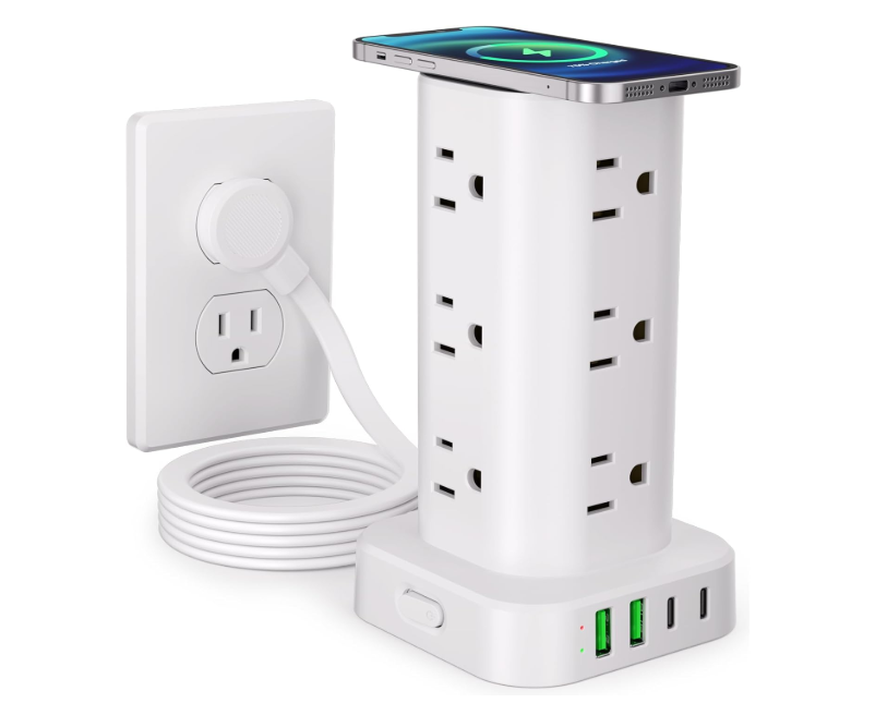 Power Strip Tower with Wireless Charger, Flat Plug Surge Protector Tower with 6FT Extension Cord, 12 AC Multiple Outlets, 4 USB (2 USB C),15W Wireless Charging Power Tower for Home Office Dorm, White 