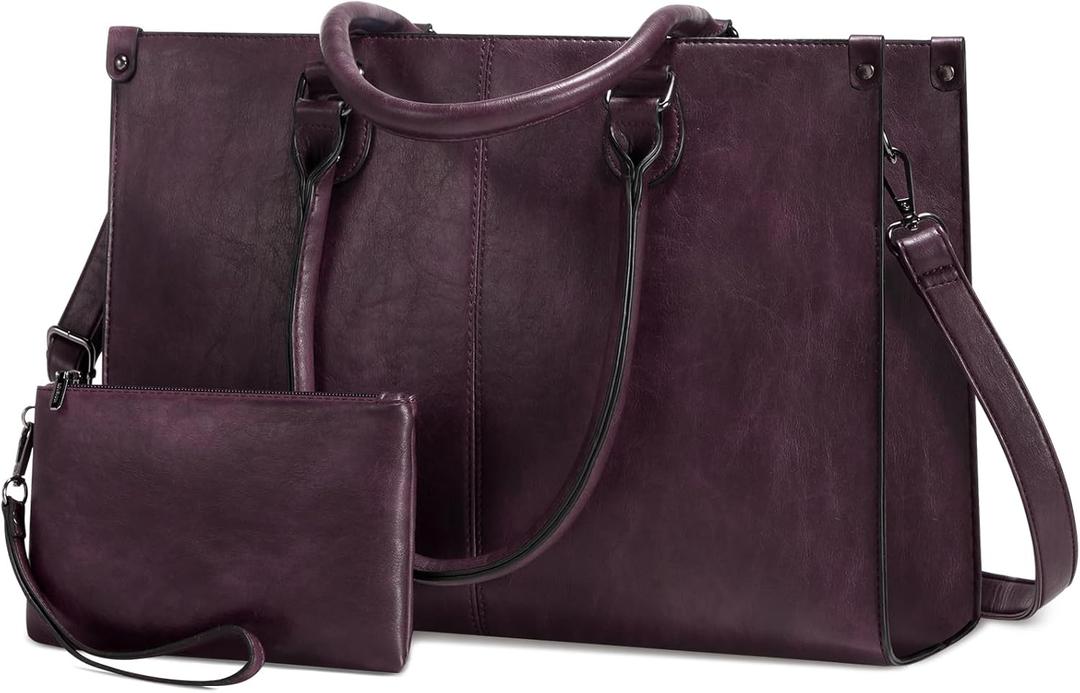 LOVEVOOK Laptop Tote Bag for Women, 15.6 Inch Large Capacity Vintage Leather Work Computer Bag, Business Casual Shoulder Handbag, Fuchsia