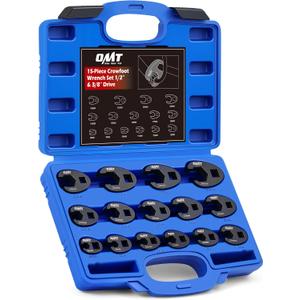 Orion Motor Tech Crowfoot Wrench Set, 15-Piece Crows Foot Wrench Set with 8 to 24 mm Metric Flare Nut Wrenches, 1/2 & 3/8 in. Drive Flare Nut Wrench Set with Laser Etched Marking Carry Case, Blue