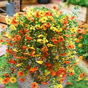 Artificial Hanging Flowers Plants for Outdoor Spring Decoration,2 Pcs Faux Silk Daisy with Eucalyptus Leaves,UV Resistant No Fade Look Real Violet for Outside Home Indoor Decor (Yellow+Orange)