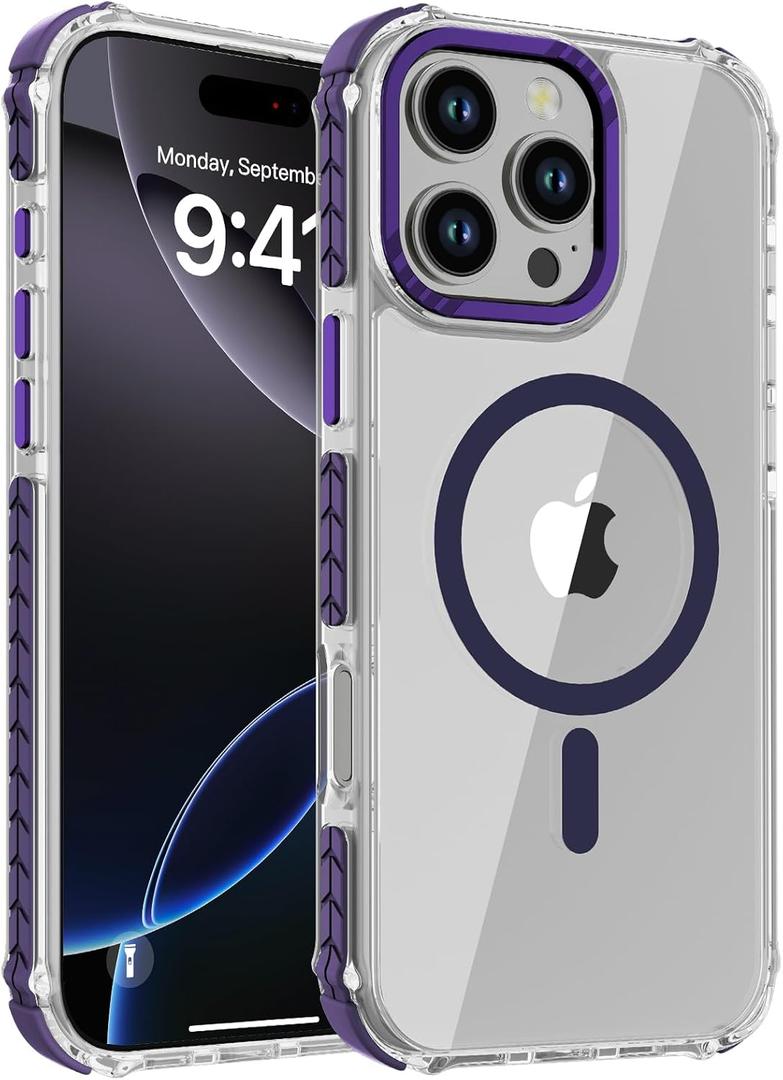 DEERLAMN Strong Magnetic Case for iPhone 16 Pro Max 6.9-Inch,[Compatible with Magsafe][Military Grade Drop Protection] Clear Slim Shockproof Protective Phone Cover-Transparent+Purple