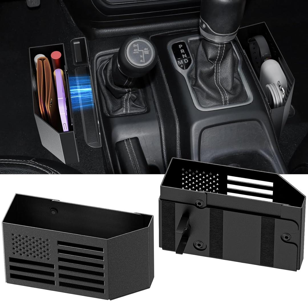 Upgraded Metal Magnetic Center Console Organizer for Jeep Wrangler JL/JLU/4XE 2018-2025 & Gladiator JT 2025 2024 2023 2022 2021 2020 Accessories Gear Shift Storage Box, Flag (Not for JK/JKU)
