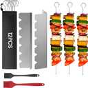Kabob Skewers Stainless Steel 12-Inch BBQ Skewers with 2 Heavy-Duty Skewer Racks, Set of 12 Flat Metal Sticks & 2 Brushes, Reusable for Meat, Chicken, Vegetables, with Storage Bag (Silver)