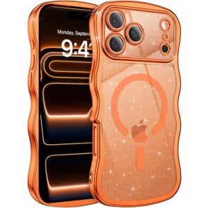 BENTOBEN Clear Glitter for iPhone 17 Pro Max Case 2025 [Compatible with MagSafe] Cute Curly Wavy Plated Anti-Slip Magnetic Hard Back Women Men Phone Cases Cover for 17 Pro Max 6.9", Cosmic Orange