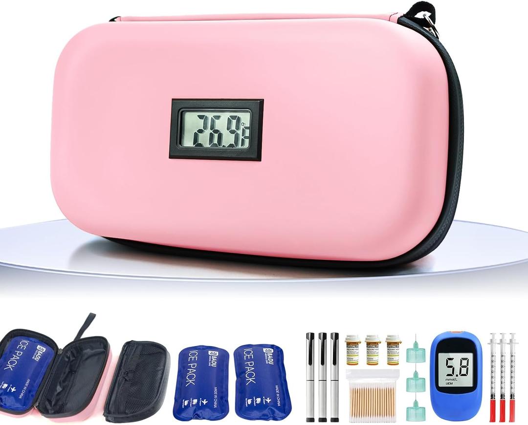TSA Approved Insulin Cooler Travel Case Medication Cooler for Travel with Thermometer Temperature Display Diabetic Medication Organizer Medical Travel Cooler Bag with 2 Ice Pack (Pink)