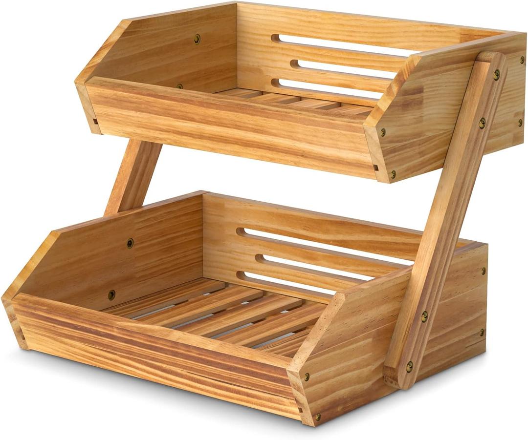 Merysen 2 Tier Wooden Fruit Basket For Kitchen, Bread Vegetable Fruit Basket Bowl Stand, Farmhouse Fruit Bowl for Countertop, Large