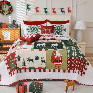 Evenhug Christmas Quilt Set,3-Piece King Size Christmas Santa Tree Elk Christmas Themed Patchwork Bedding Set Reversible Coverlet Set with 2 Pillow Shams, 106" x 96"