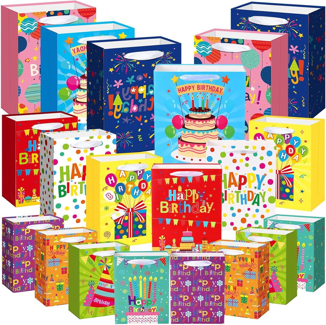 Gilprop 20pcs Birthday Gift Bag with Handle Gift Bags Assorted Sizes and Designs Large, Medium, Small Size for Kids, Boys, Girls, Women and Men' Birthdays Party