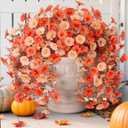 2 x 2 PCS Artificial Faux Fall Hanging Flowers Plants for Outdoor,Fake Silk Morning Glory with Eucalyptus UV Resistant Mums for Wall Home Porch Patio Balcony Yard Indoor Decor (Fall Orange+Light Orange)