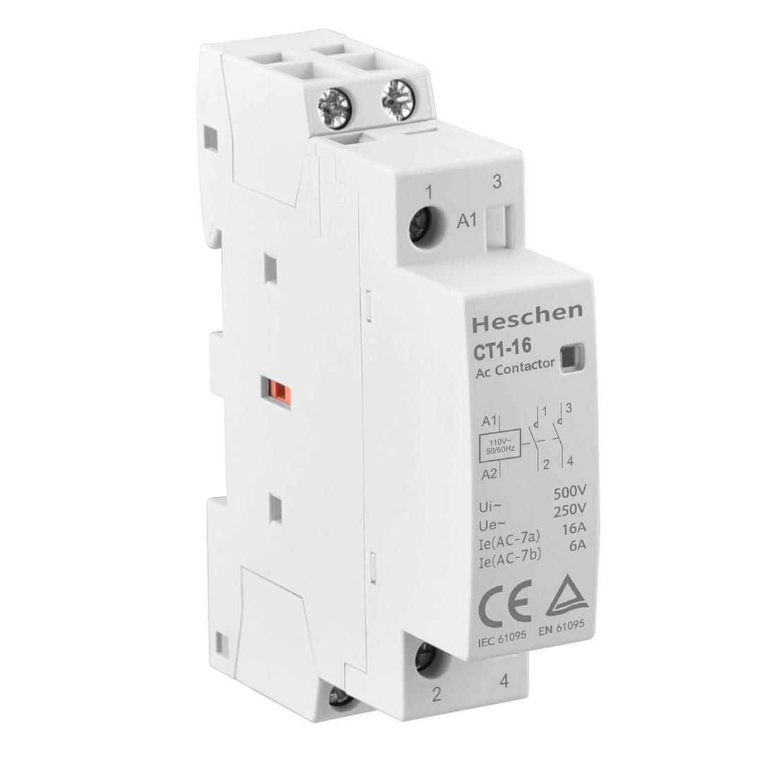 Heschen Household AC Contactor CT1-16, 2 Pole 2 NO (Two Normally Open), 16A FLA, 35mm DIN Rail Mount, 110V/120V AC Coil Voltage, Silent Type for Home & Hotel