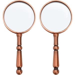 YOUEON 2 Pcs 6X Antique Magnifying Glass for Reading, Handheld Magnifier with Metal Handle, Portable Magnifying Lens for Books and Newspaper, Science Class, Observation