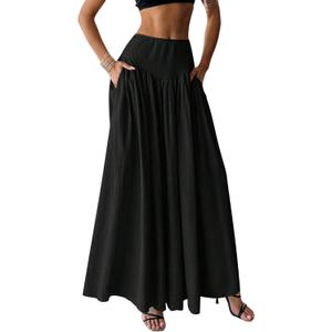 Milumia Women's Pleated Flowy Long Skirts High Waist Maxi Skirt with Pocket (Large, Black)